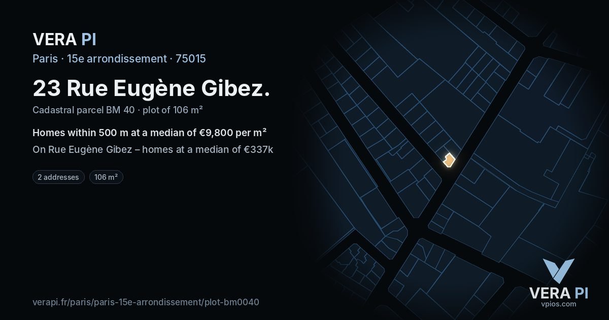 23 Rue Eugène Gibez, 15e arrondissement at night – the plot lit, the parcels around coloured by the prices near them