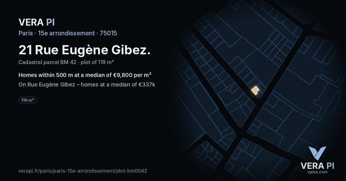 21 Rue Eugène Gibez, 15e arrondissement at night – the plot lit, the parcels around coloured by the prices near them