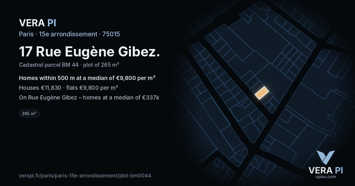 17 Rue Eugène Gibez, 15e arrondissement at night – the plot lit, the parcels around coloured by the prices near them