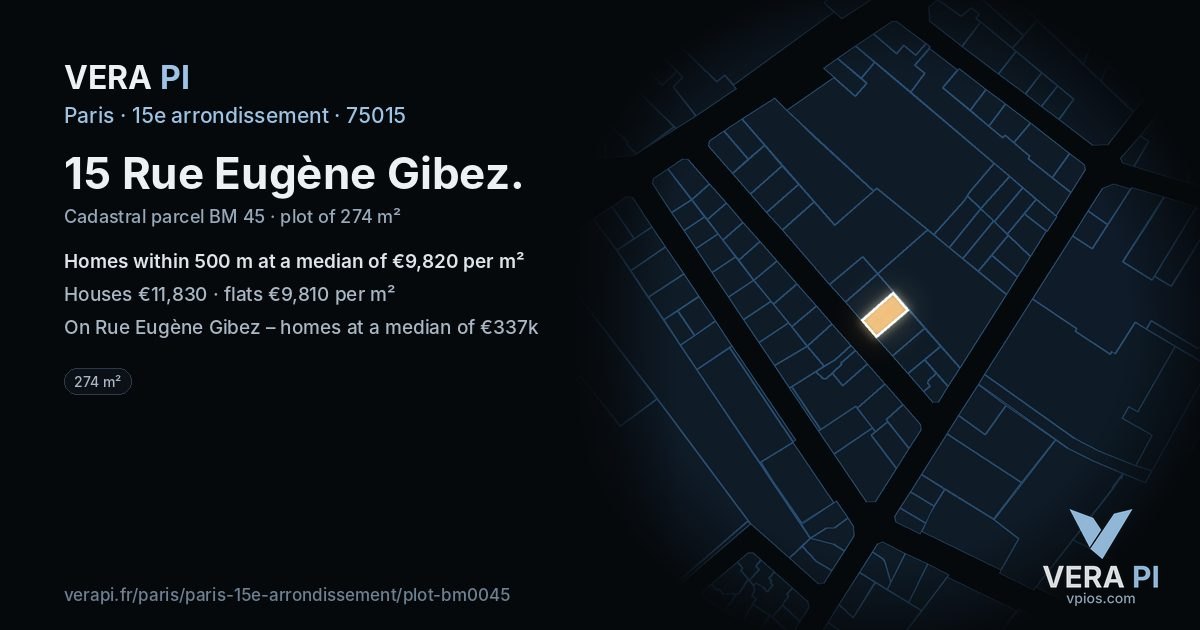 15 Rue Eugène Gibez, 15e arrondissement at night – the plot lit, the parcels around coloured by the prices near them