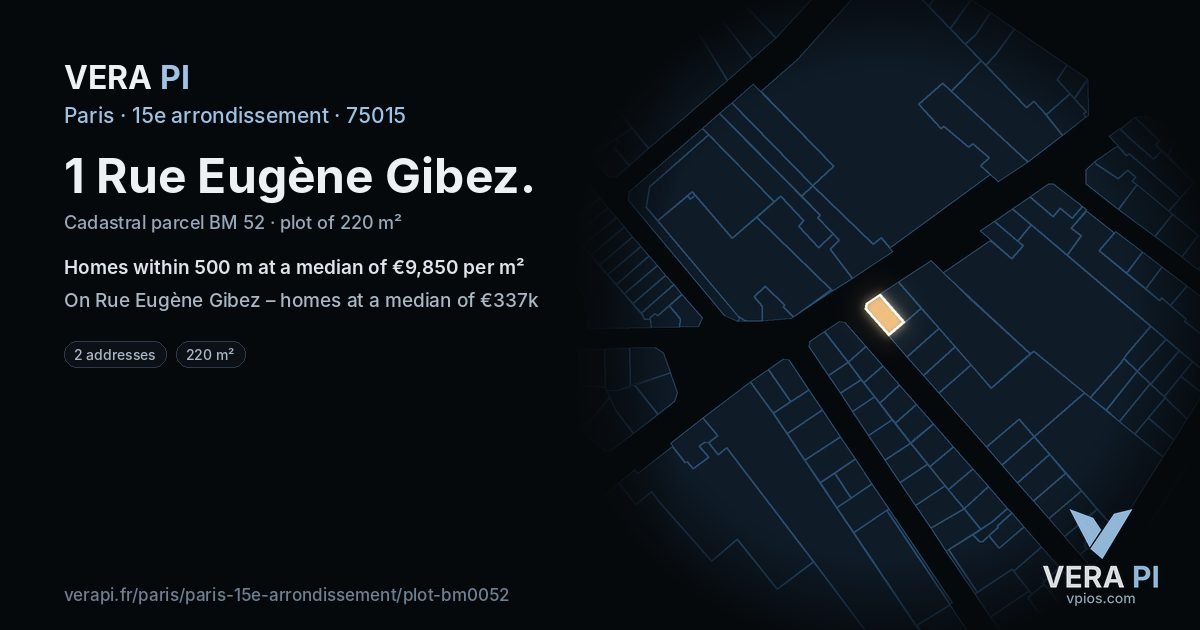 1 Rue Eugène Gibez, 15e arrondissement at night – the plot lit, the parcels around coloured by the prices near them