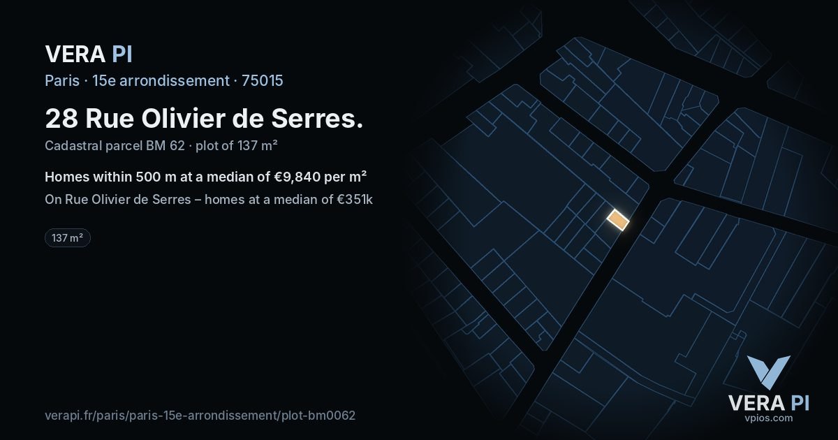 28 Rue Olivier de Serres, 15e arrondissement at night – the plot lit, the parcels around coloured by the prices near them