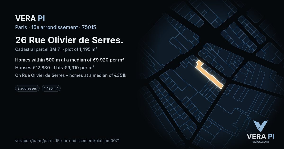 26 Rue Olivier de Serres, 15e arrondissement at night – the plot lit, the parcels around coloured by the prices near them