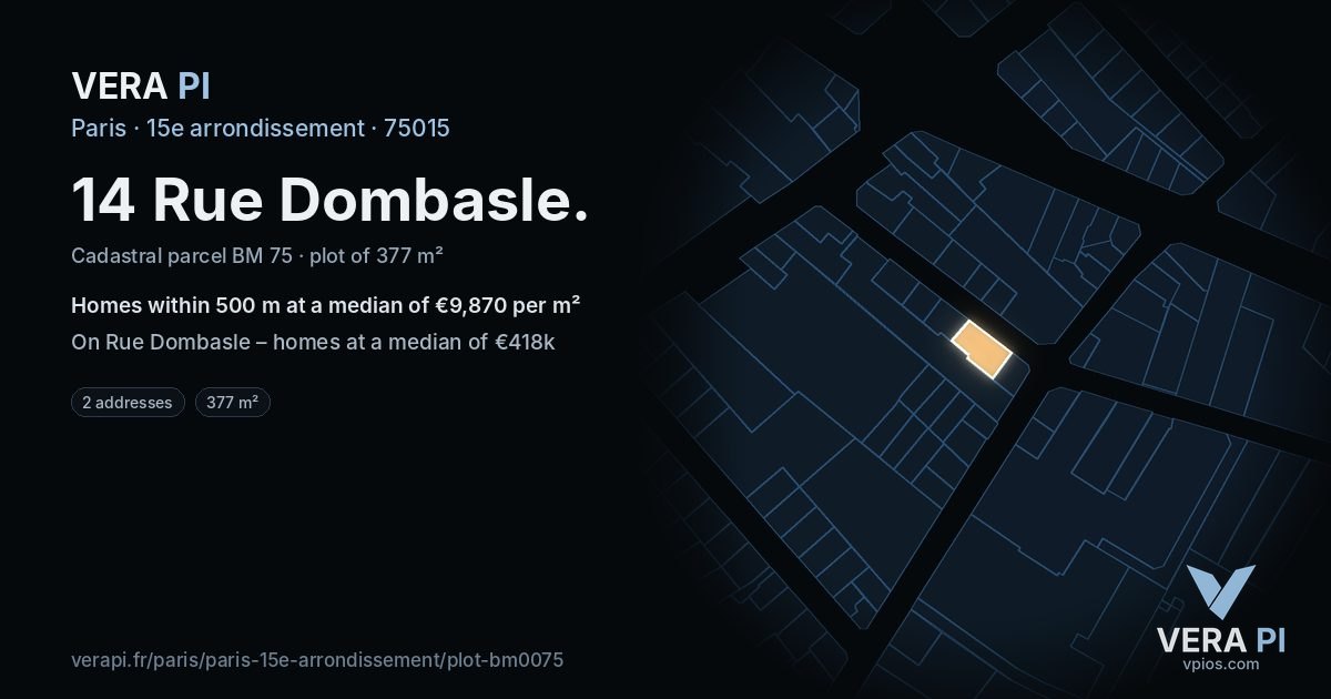 14 Rue Dombasle, 15e arrondissement at night – the plot lit, the parcels around coloured by the prices near them