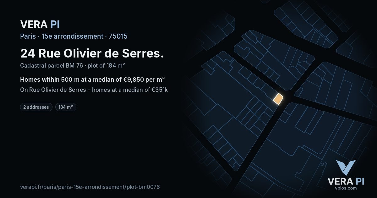 24 Rue Olivier de Serres, 15e arrondissement at night – the plot lit, the parcels around coloured by the prices near them