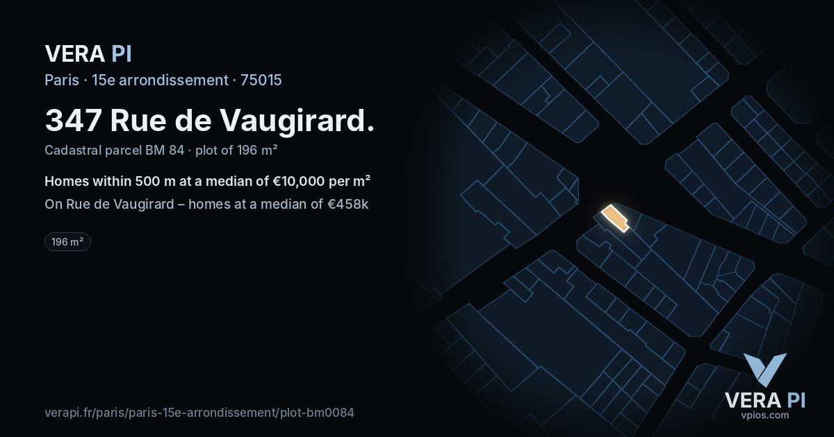 347 Rue de Vaugirard, 15e arrondissement at night – the plot lit, the parcels around coloured by the prices near them