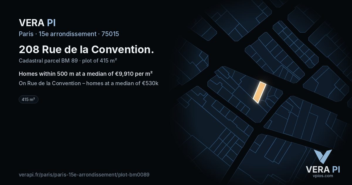 208 Rue de la Convention, 15e arrondissement at night – the plot lit, the parcels around coloured by the prices near them