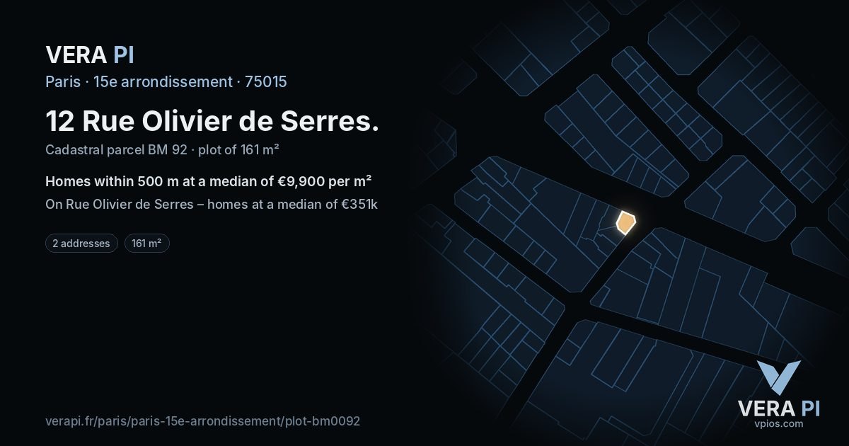 12 Rue Olivier de Serres, 15e arrondissement at night – the plot lit, the parcels around coloured by the prices near them