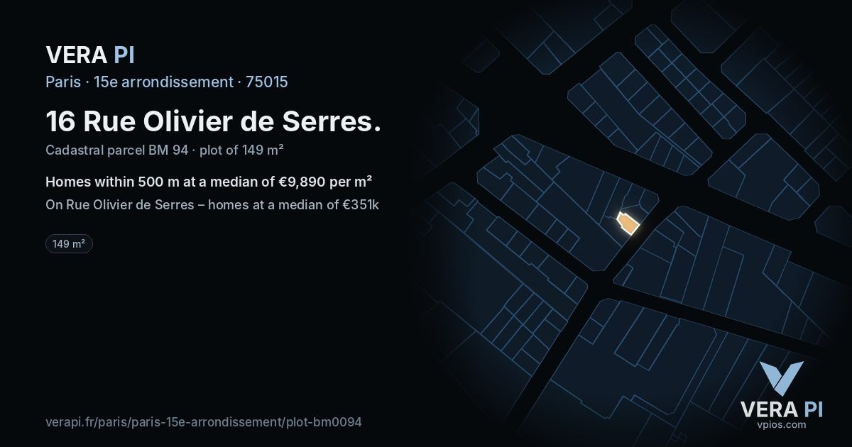 16 Rue Olivier de Serres, 15e arrondissement at night – the plot lit, the parcels around coloured by the prices near them