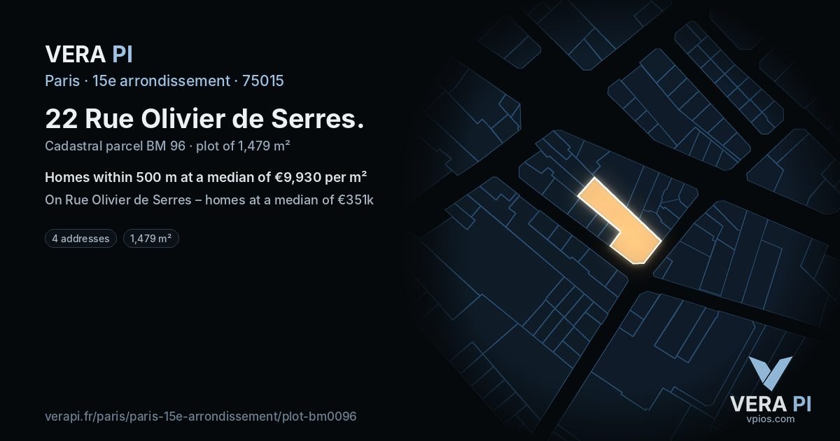 22 Rue Olivier de Serres, 15e arrondissement at night – the plot lit, the parcels around coloured by the prices near them
