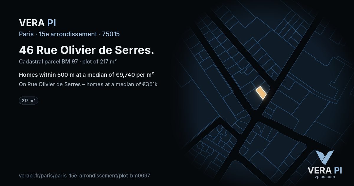 46 Rue Olivier de Serres, 15e arrondissement at night – the plot lit, the parcels around coloured by the prices near them