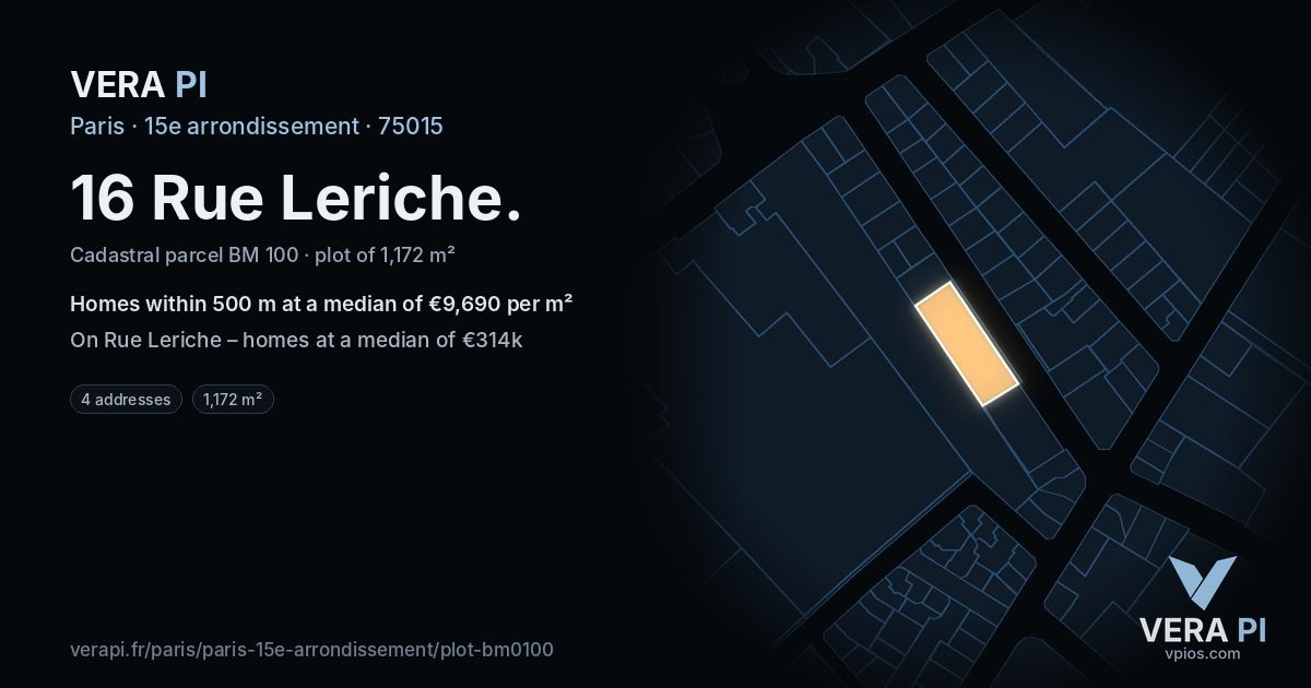 16 Rue Leriche, 15e arrondissement at night – the plot lit, the parcels around coloured by the prices near them