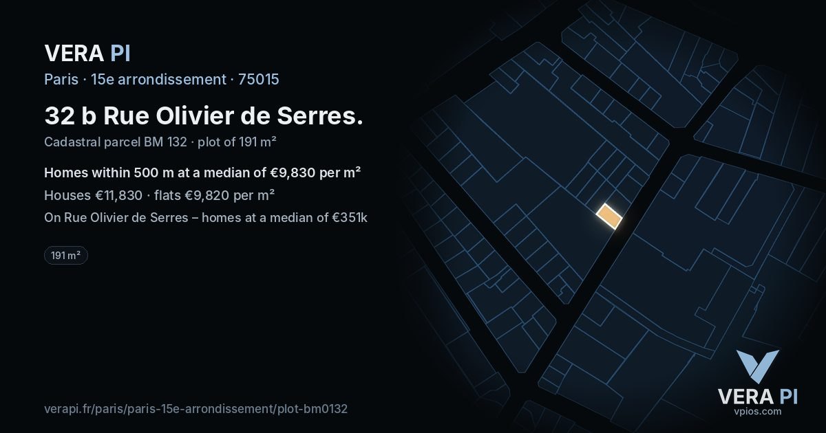 32 b Rue Olivier de Serres, 15e arrondissement at night – the plot lit, the parcels around coloured by the prices near them