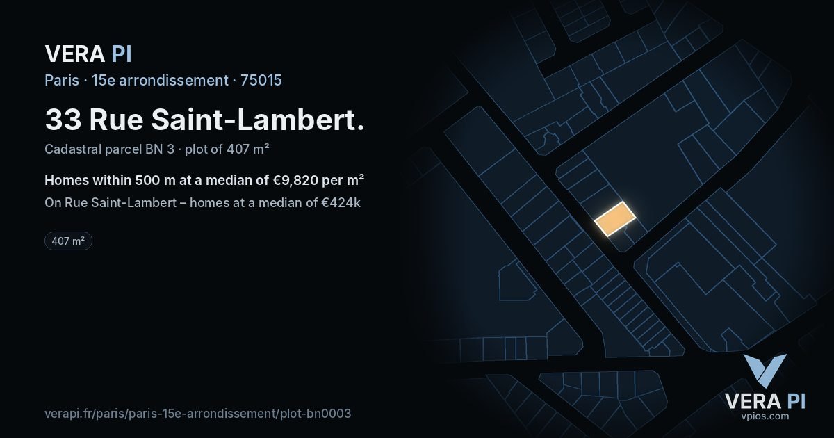 33 Rue Saint-Lambert, 15e arrondissement at night – the plot lit, the parcels around coloured by the prices near them