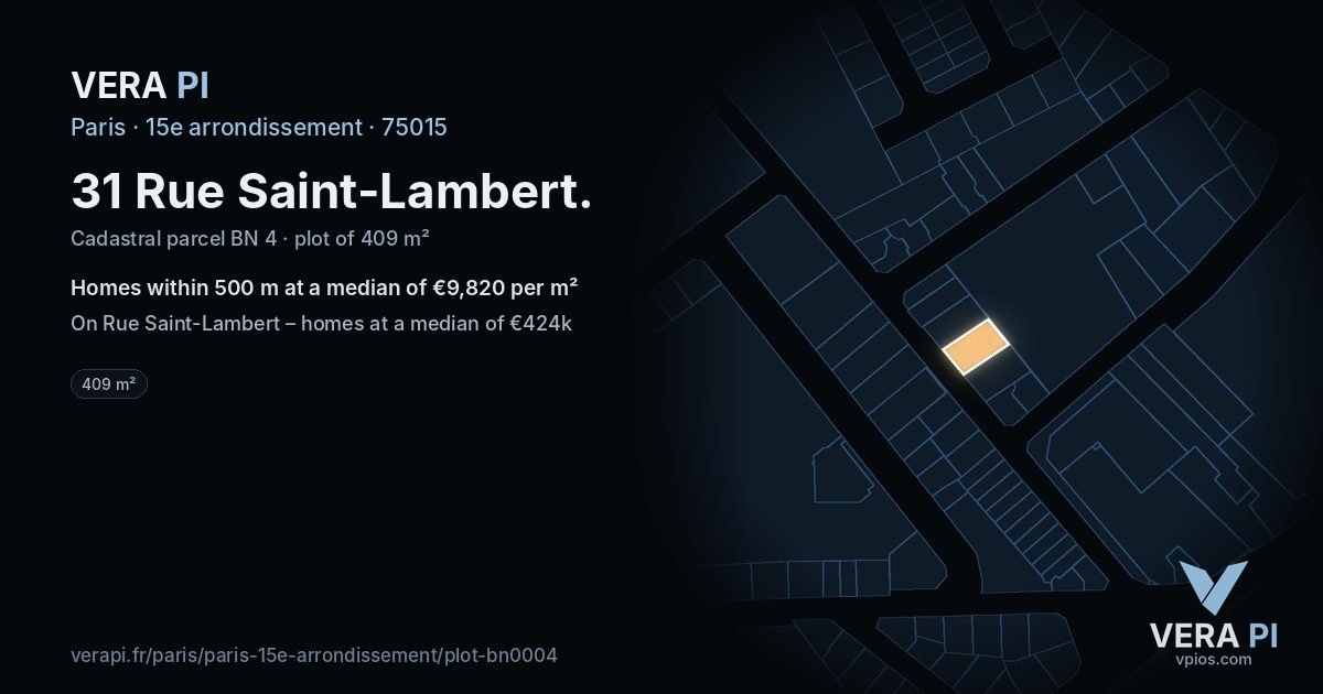 31 Rue Saint-Lambert, 15e arrondissement at night – the plot lit, the parcels around coloured by the prices near them
