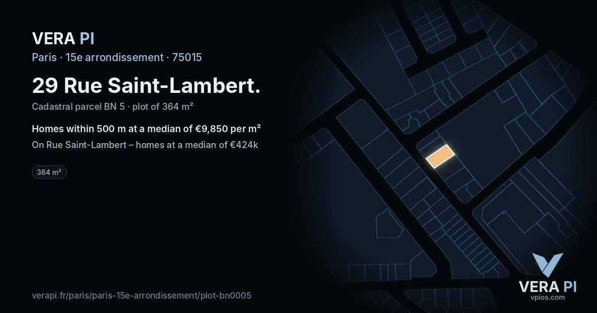 29 Rue Saint-Lambert, 15e arrondissement at night – the plot lit, the parcels around coloured by the prices near them