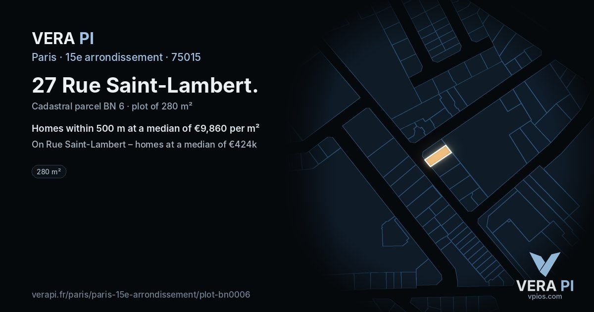27 Rue Saint-Lambert, 15e arrondissement at night – the plot lit, the parcels around coloured by the prices near them