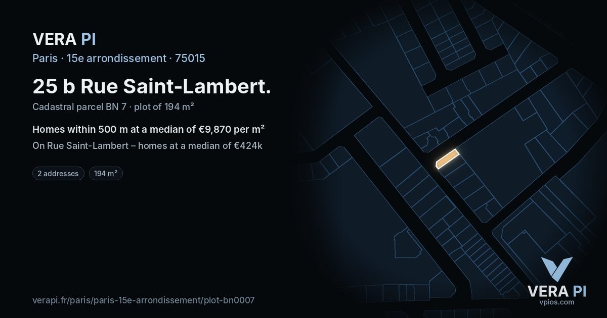 25 b Rue Saint-Lambert, 15e arrondissement at night – the plot lit, the parcels around coloured by the prices near them