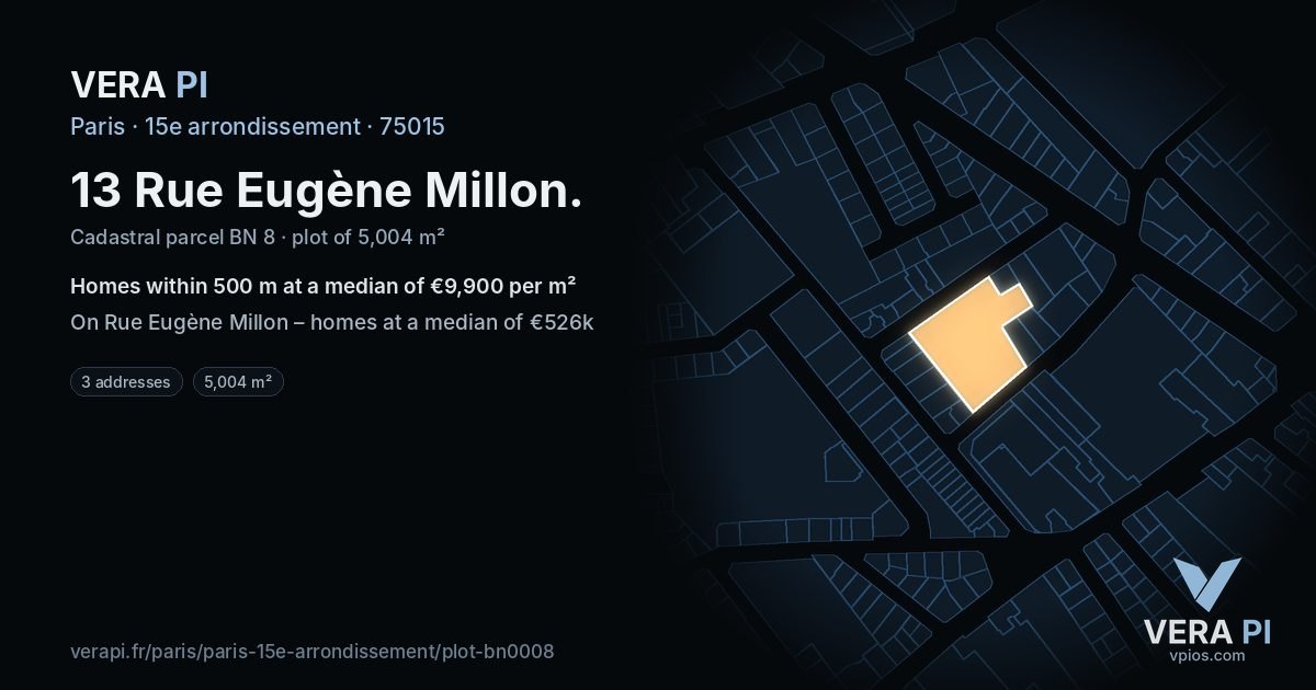 13 Rue Eugène Millon, 15e arrondissement at night – the plot lit, the parcels around coloured by the prices near them