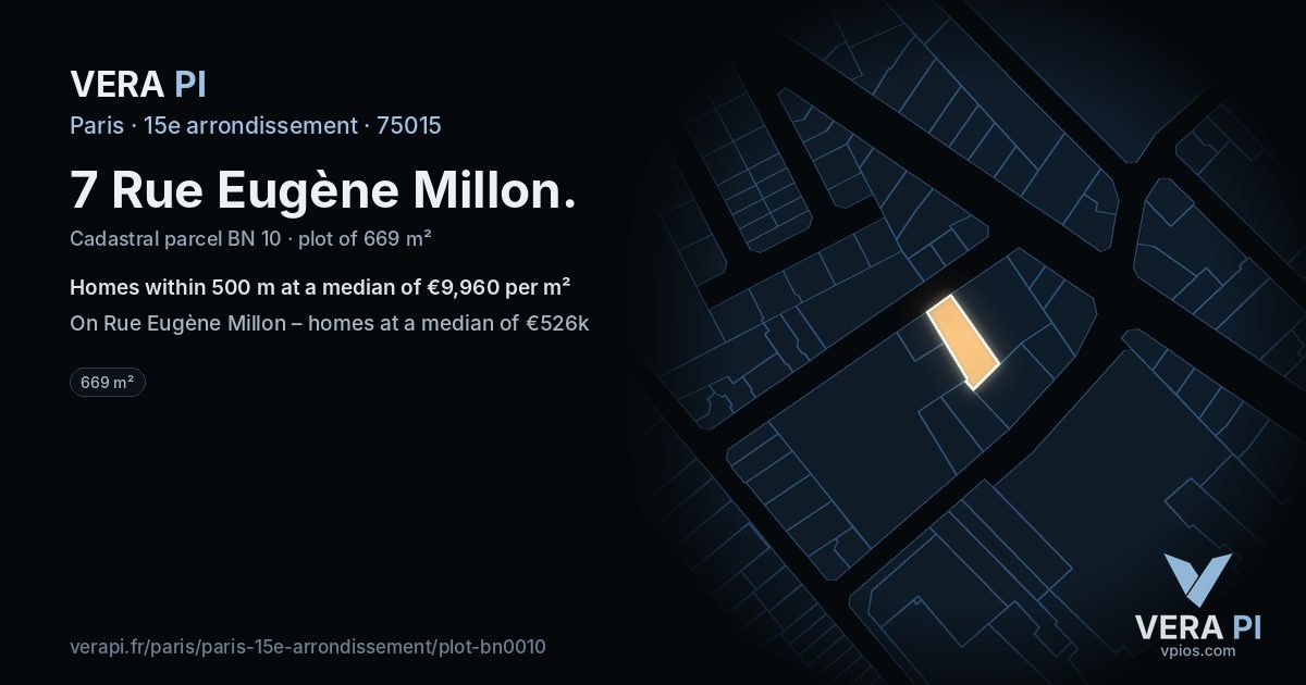 7 Rue Eugène Millon, 15e arrondissement at night – the plot lit, the parcels around coloured by the prices near them