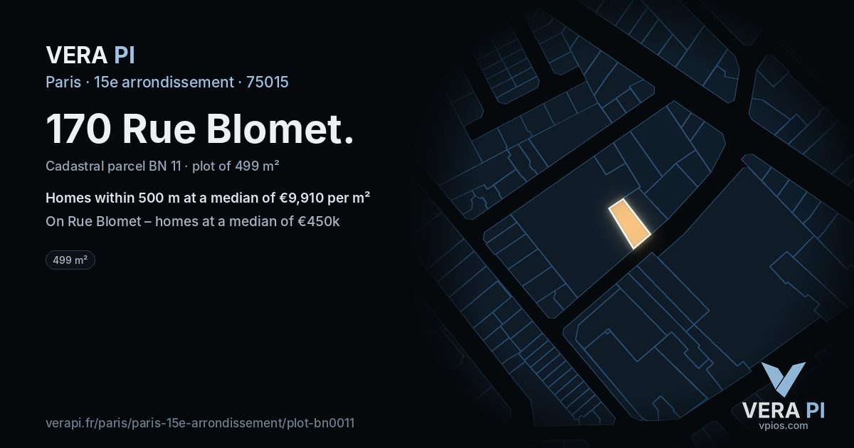 170 Rue Blomet, 15e arrondissement at night – the plot lit, the parcels around coloured by the prices near them