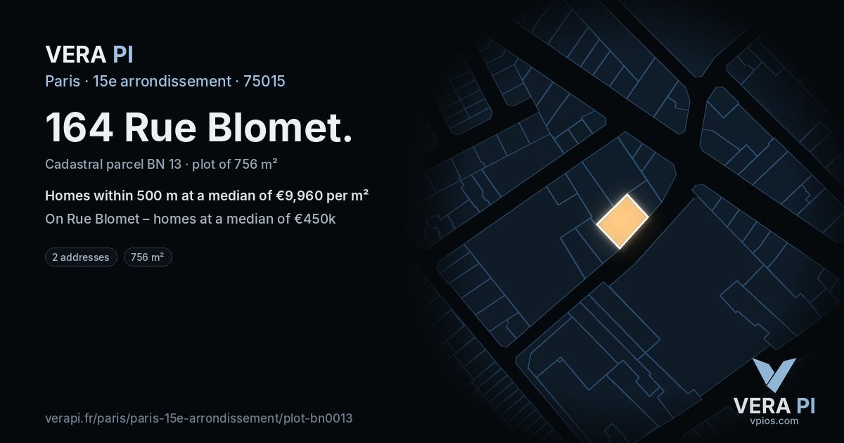 164 Rue Blomet, 15e arrondissement at night – the plot lit, the parcels around coloured by the prices near them