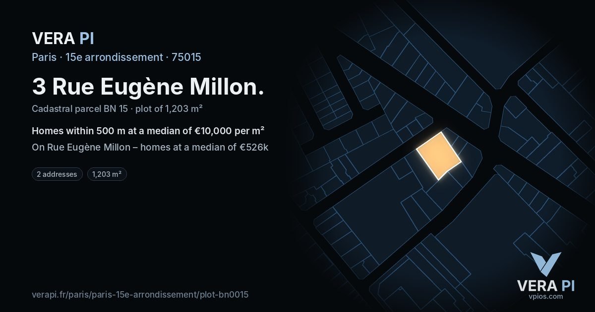 3 Rue Eugène Millon, 15e arrondissement at night – the plot lit, the parcels around coloured by the prices near them