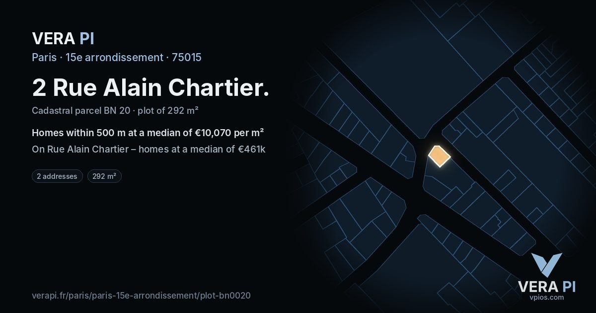 2 Rue Alain Chartier, 15e arrondissement at night – the plot lit, the parcels around coloured by the prices near them