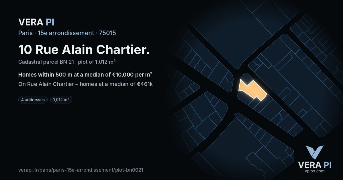 10 Rue Alain Chartier, 15e arrondissement at night – the plot lit, the parcels around coloured by the prices near them