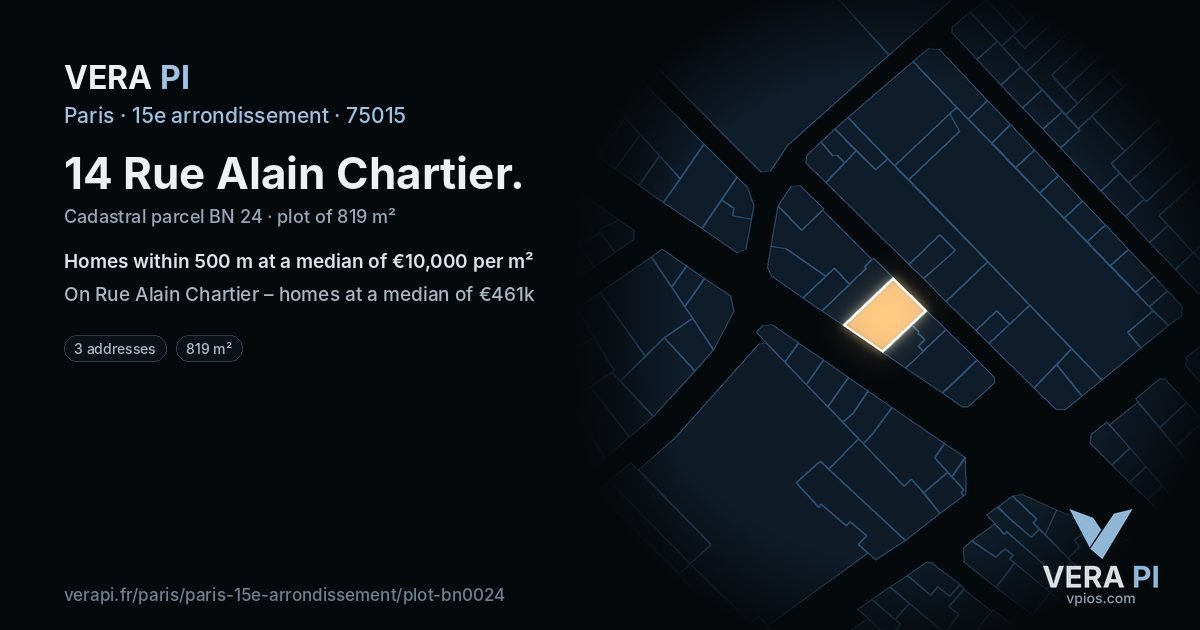 14 Rue Alain Chartier, 15e arrondissement at night – the plot lit, the parcels around coloured by the prices near them