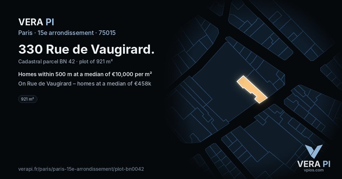 330 Rue de Vaugirard, 15e arrondissement at night – the plot lit, the parcels around coloured by the prices near them