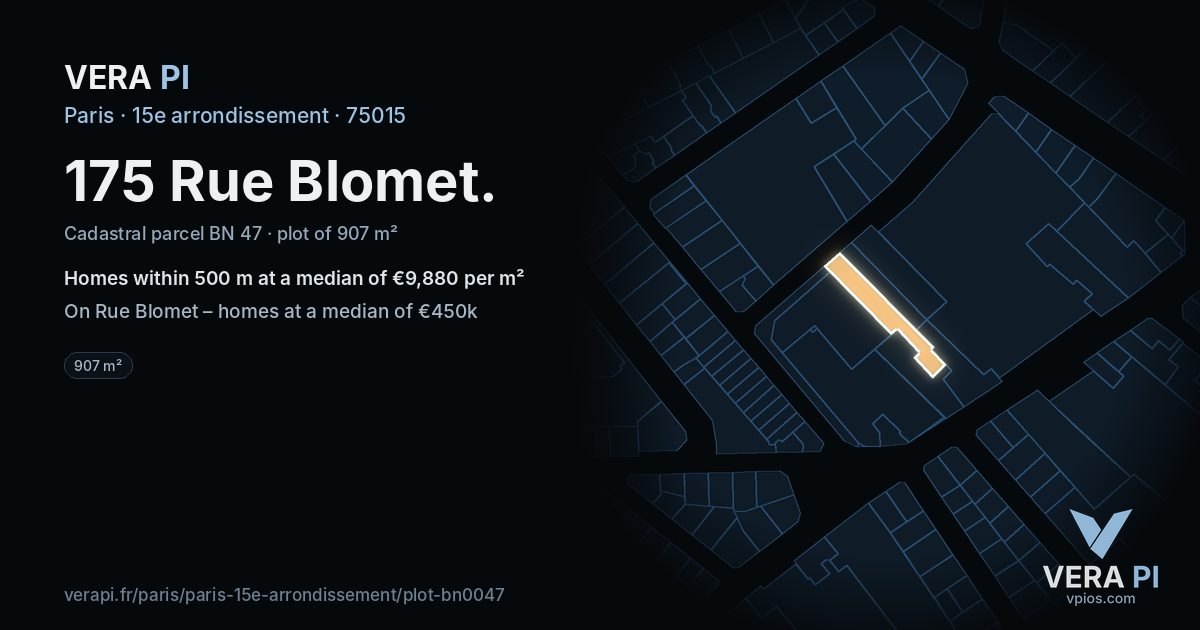 175 Rue Blomet, 15e arrondissement at night – the plot lit, the parcels around coloured by the prices near them
