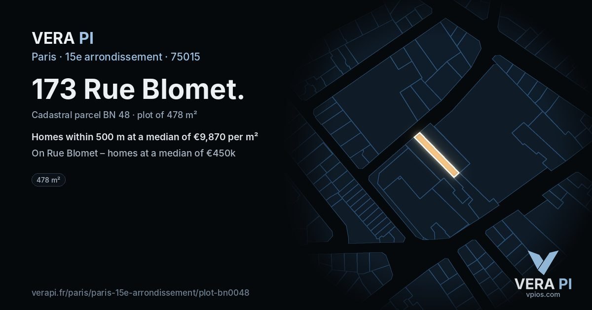 173 Rue Blomet, 15e arrondissement at night – the plot lit, the parcels around coloured by the prices near them
