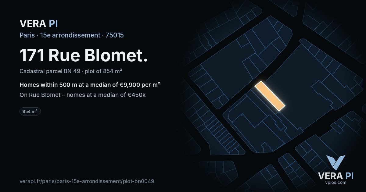 171 Rue Blomet, 15e arrondissement at night – the plot lit, the parcels around coloured by the prices near them