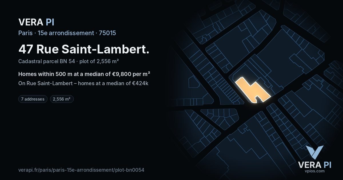 47 Rue Saint-Lambert, 15e arrondissement at night – the plot lit, the parcels around coloured by the prices near them