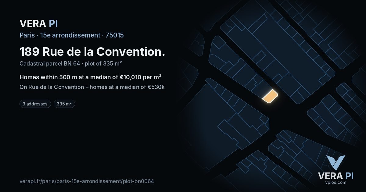 189 Rue de la Convention, 15e arrondissement at night – the plot lit, the parcels around coloured by the prices near them