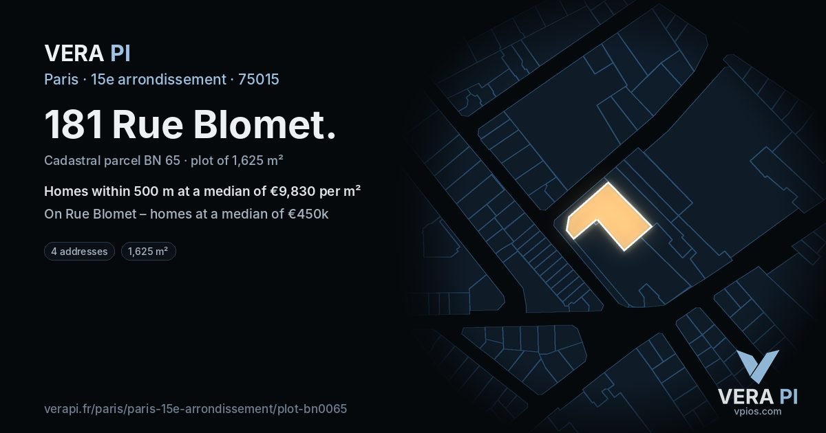 181 Rue Blomet, 15e arrondissement at night – the plot lit, the parcels around coloured by the prices near them