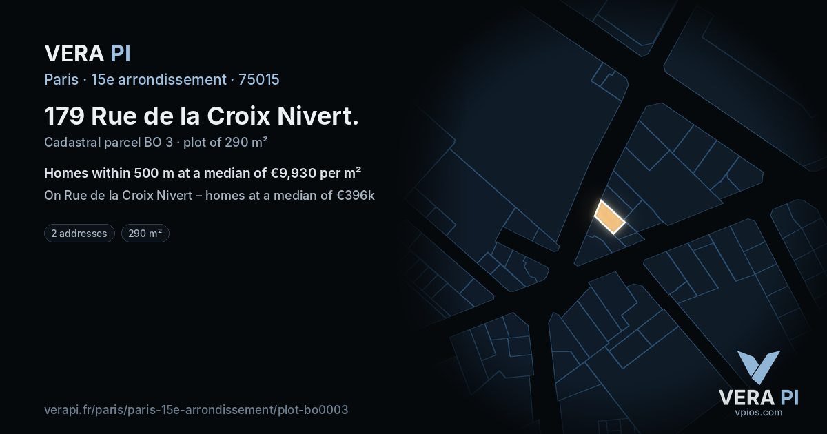 179 Rue de la Croix Nivert, 15e arrondissement at night – the plot lit, the parcels around coloured by the prices near them