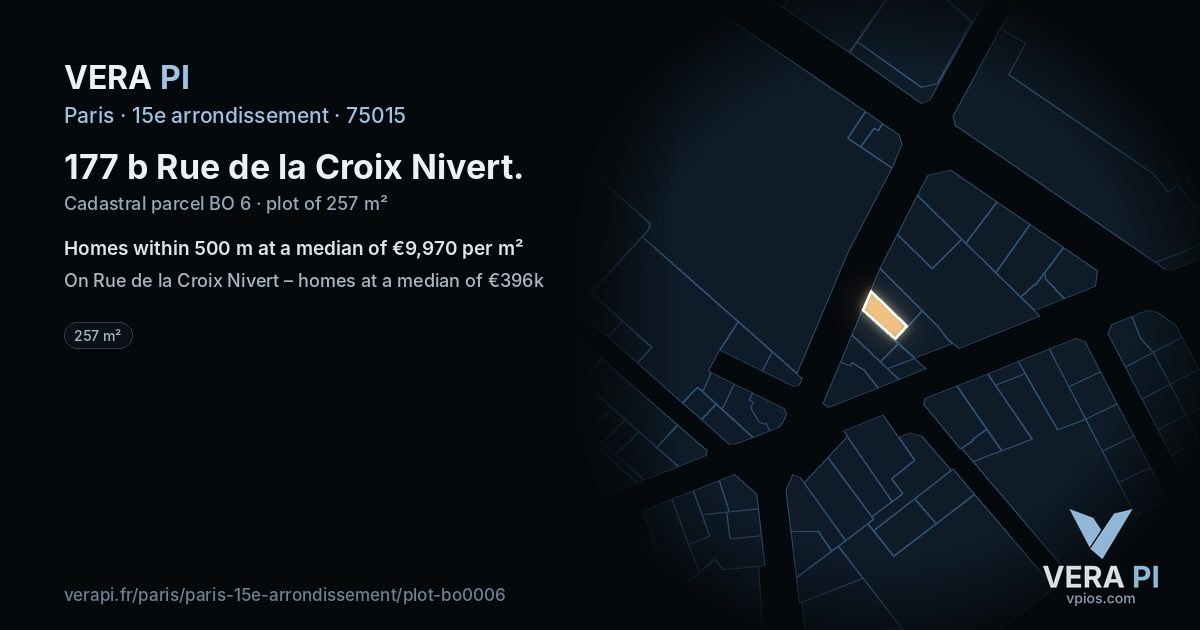 177 b Rue de la Croix Nivert, 15e arrondissement at night – the plot lit, the parcels around coloured by the prices near them