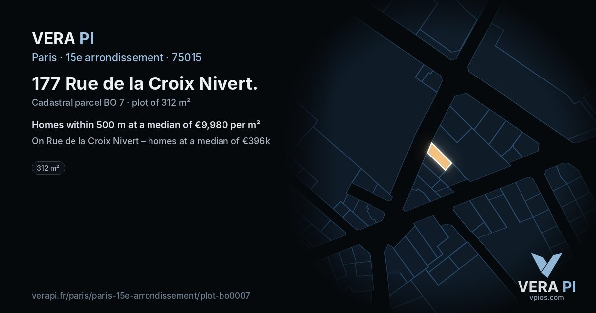 177 Rue de la Croix Nivert, 15e arrondissement at night – the plot lit, the parcels around coloured by the prices near them