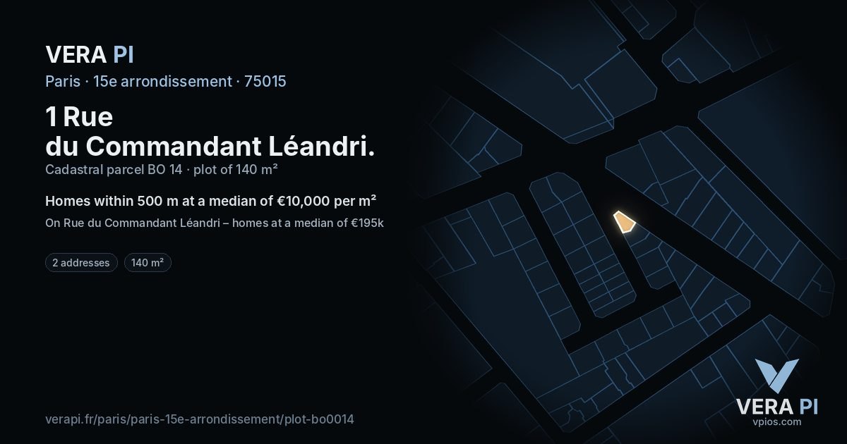 1 Rue du Commandant Léandri, 15e arrondissement at night – the plot lit, the parcels around coloured by the prices near them
