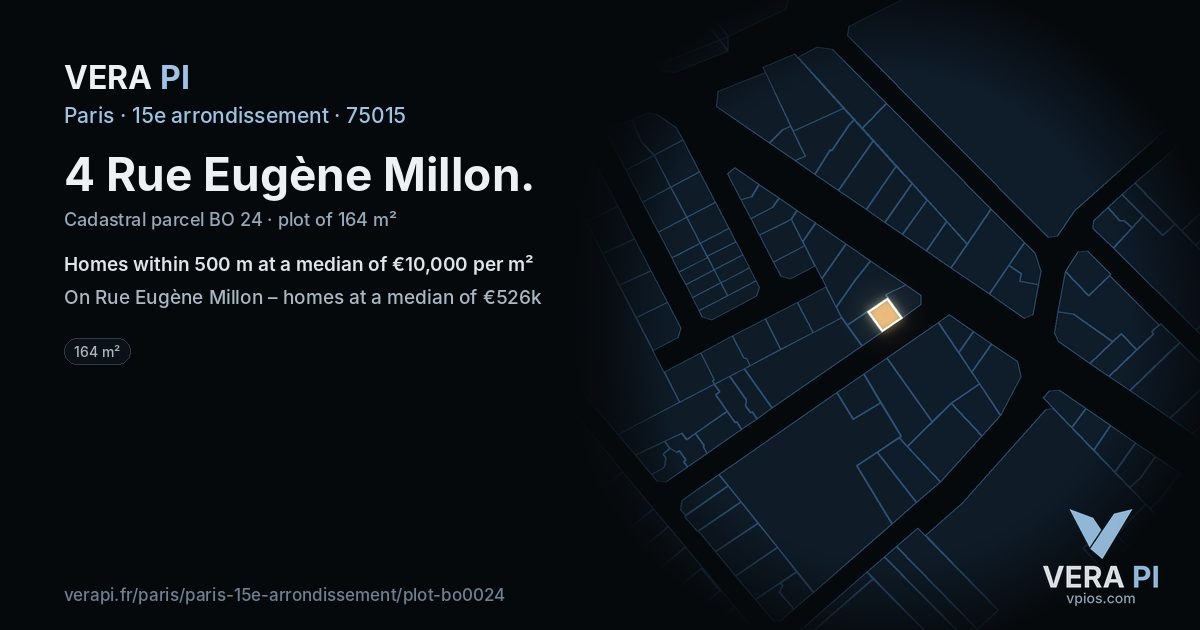 4 Rue Eugène Millon, 15e arrondissement at night – the plot lit, the parcels around coloured by the prices near them