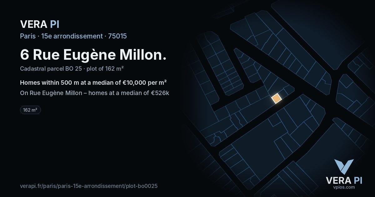 6 Rue Eugène Millon, 15e arrondissement at night – the plot lit, the parcels around coloured by the prices near them