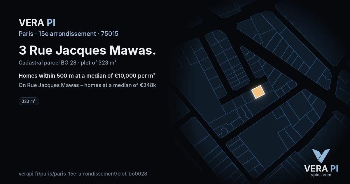 3 Rue Jacques Mawas, 15e arrondissement at night – the plot lit, the parcels around coloured by the prices near them