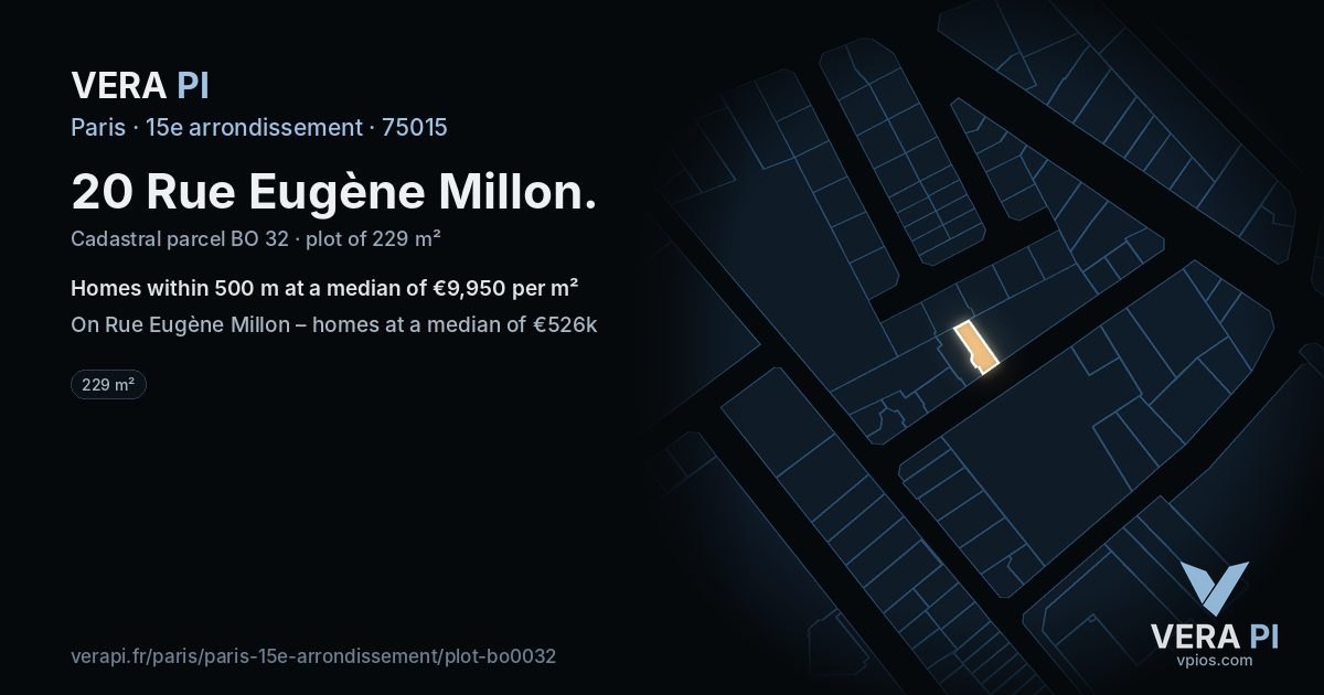20 Rue Eugène Millon, 15e arrondissement at night – the plot lit, the parcels around coloured by the prices near them