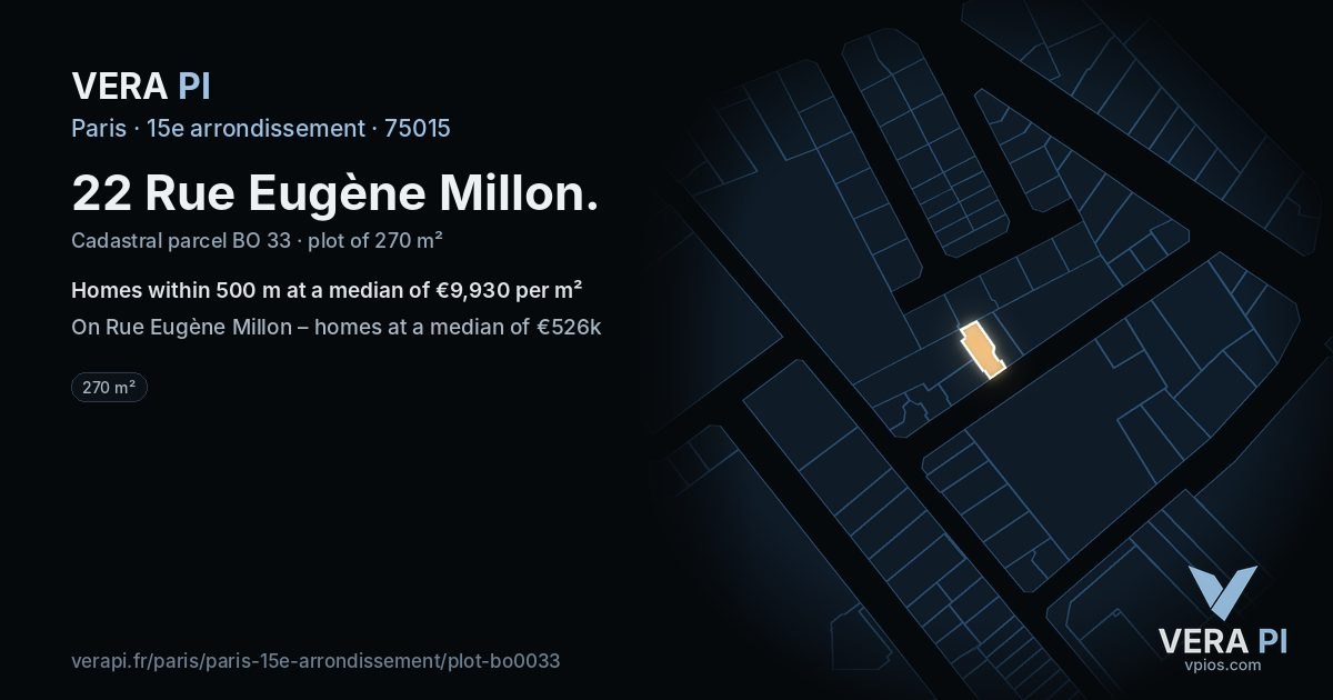 22 Rue Eugène Millon, 15e arrondissement at night – the plot lit, the parcels around coloured by the prices near them