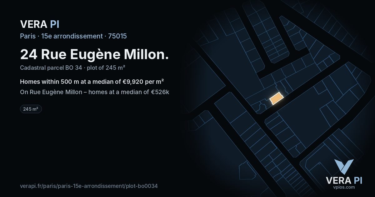 24 Rue Eugène Millon, 15e arrondissement at night – the plot lit, the parcels around coloured by the prices near them