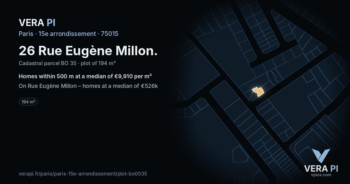 26 Rue Eugène Millon, 15e arrondissement at night – the plot lit, the parcels around coloured by the prices near them