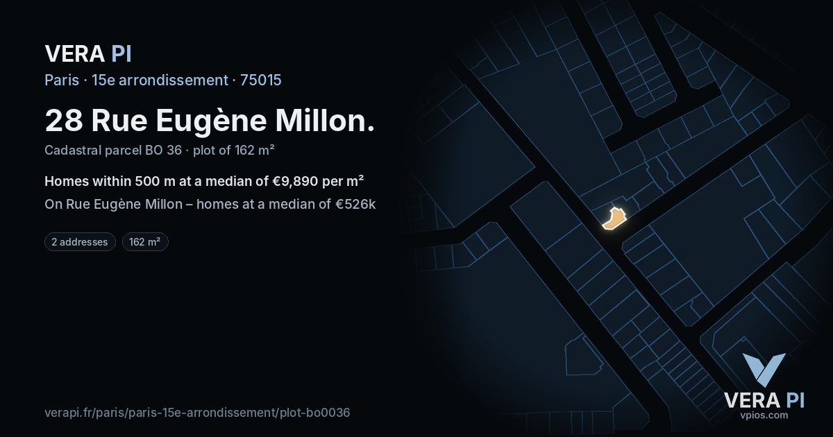 28 Rue Eugène Millon, 15e arrondissement at night – the plot lit, the parcels around coloured by the prices near them