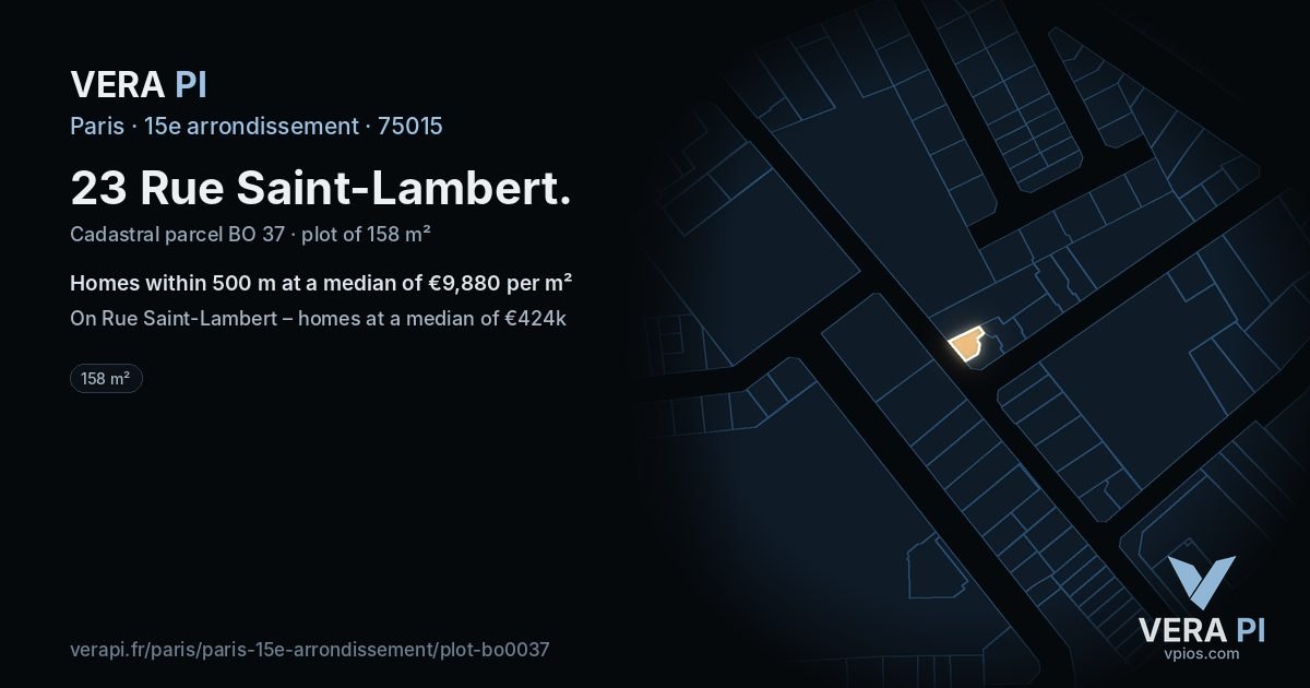 23 Rue Saint-Lambert, 15e arrondissement at night – the plot lit, the parcels around coloured by the prices near them